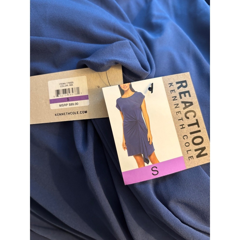 Kenneth Cole Reaction Ink Blue Draped Dress NWT Size S Gathered Front MSRP $89 - Picture 3 of 9